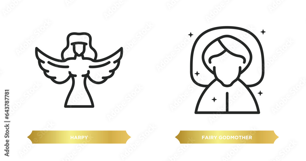 two editable outline icons from fairy tale concept. thin line icons such as harpy, fairy godmother vector. two editable outline icons from fairy tale concept. thin line icons such as harpy, fairy godmother vector.