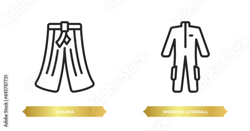 two editable outline icons from fashion concept. thin line icons such as hakama, working coverall vector.