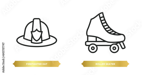 two editable outline icons from fashion concept. thin line icons such as firefighter hat, roller skater vector.