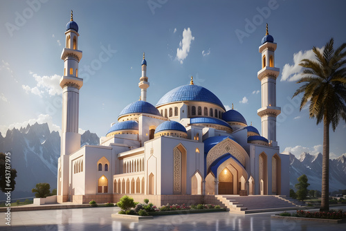 This Mosque is majestic dome roof and towering minarets against the backdrop of a clear blue sky and fluffy clouds create a truly awe-inspiring sight. #MosqueBeauty