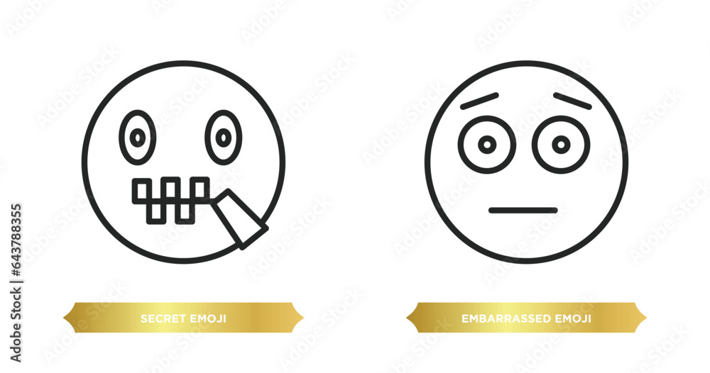 two editable outline icons from emoji concept. thin line icons such as secret emoji, embarrassed emoji vector.