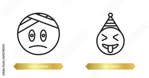 two editable outline icons from emoji concept. thin line icons such as injured emoji, crazy emoji vector.