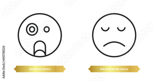 two editable outline icons from emoji concept. thin line icons such as shocked emoji, disappointed emoji vector.