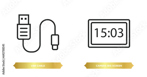 two editable outline icons from electronic stuff fill concept. thin line icons such as usb cable, camera big screen size vector.