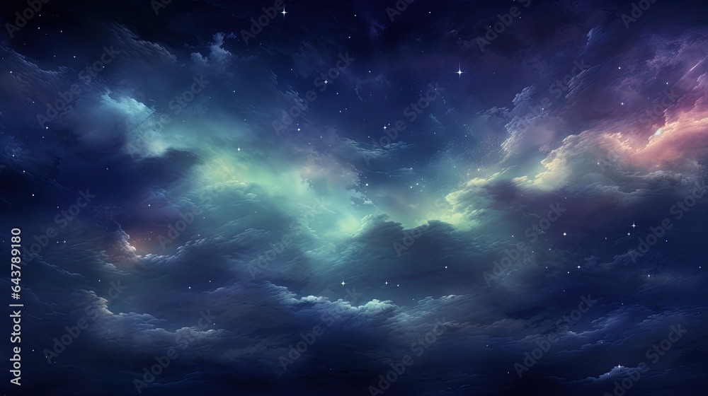  a night sky with stars and clouds and a bright light.  generative ai