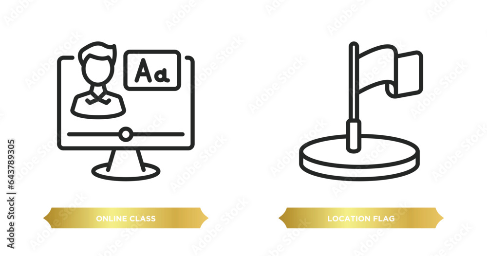 two editable outline icons from education concept. thin line icons such as online class, location flag vector. two editable outline icons from education concept. thin line icons such as online class, location flag vector.