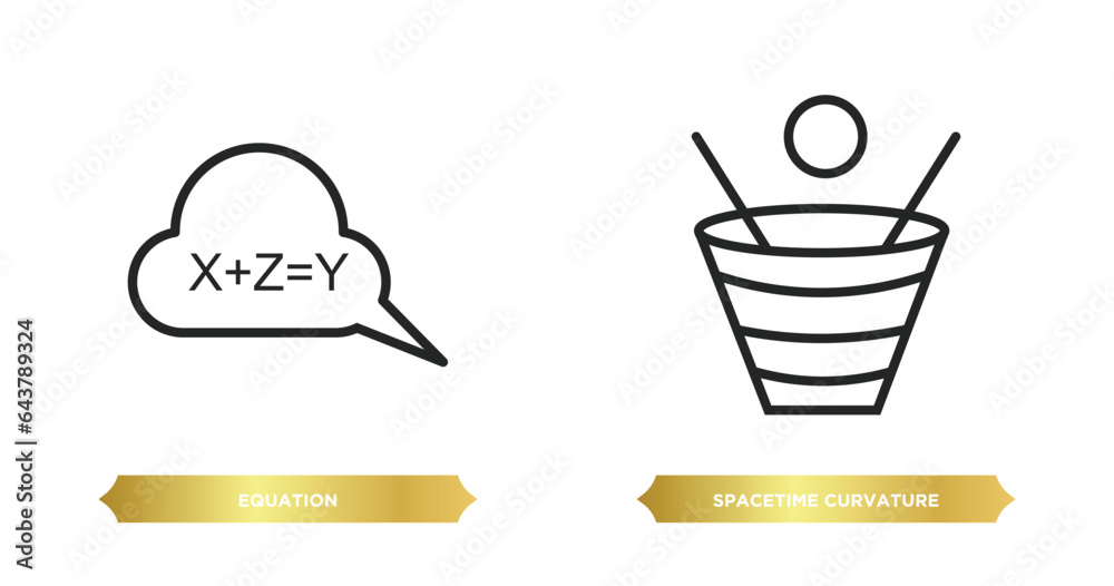 two editable outline icons from education concept. thin line icons such as equation, spacetime curvature vector. two editable outline icons from education concept. thin line icons such as equation, spacetime curvature vector.