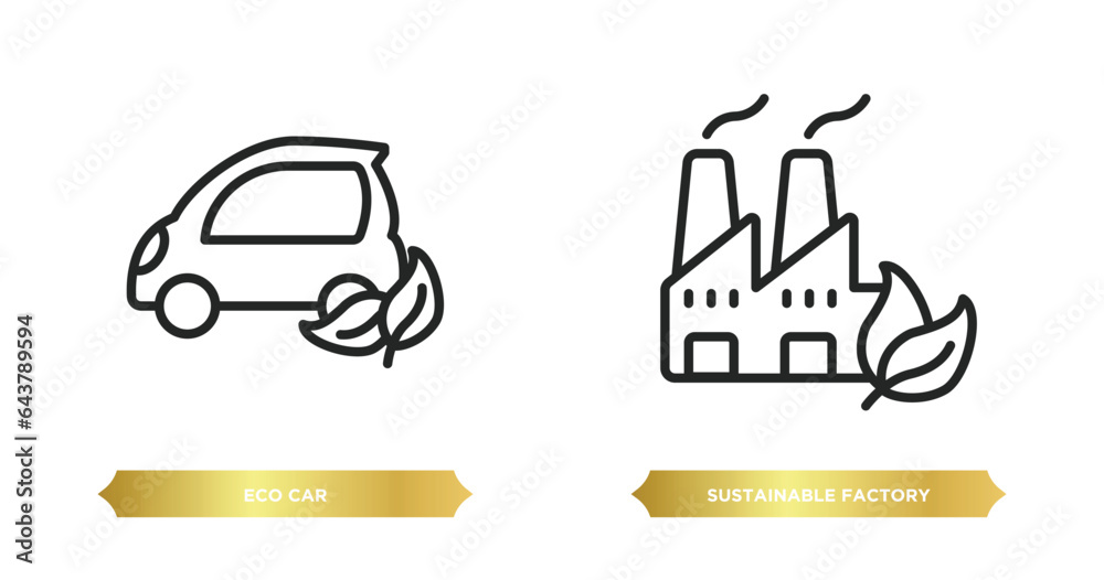 two editable outline icons from ecology concept. thin line icons such as eco car, sustainable factory vector. two editable outline icons from ecology concept. thin line icons such as eco car, sustainable factory vector.