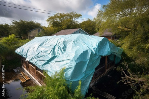 Roof covered with plastic tarp after Hurricane Ian for protection against rainwater. Impacted house by a natural disaster. Generative AI photo