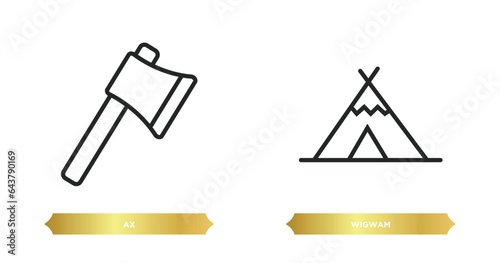 two editable outline icons from desert concept. thin line icons such as ax, wigwam vector.