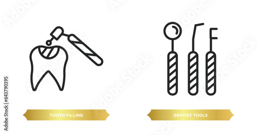 two editable outline icons from dentist concept. thin line icons such as tooth filling, dentist tools vector.