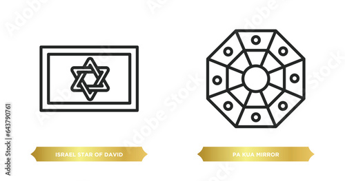 two editable outline icons from cultures concept. thin line icons such as israel star of david, pa kua mirror vector.