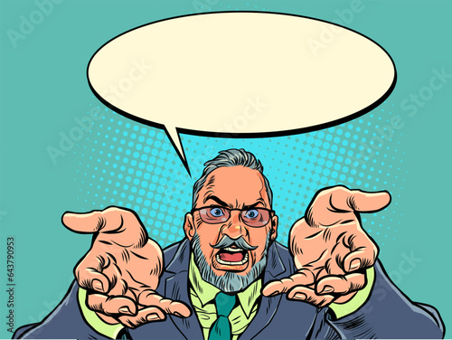 Frustrated boss or employee. Customer dissatisfaction with service. An adult man in glasses and a suit screams with his hands while he says something. Pop Art Retro