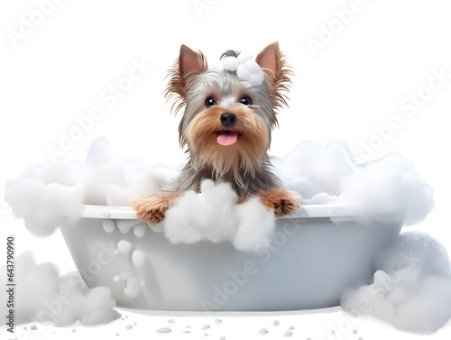 Cute little Yorkshire Terrier dog in a bath with foam, isolated on white background, cute pet concept, realistic 3d illustration, generative ai
