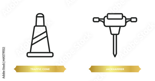 two editable outline icons from construction tools concept. thin line icons such as traffic cone, jackhammer vector.
