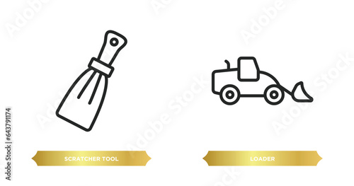 two editable outline icons from construction tools concept. thin line icons such as scratcher tool, loader vector.