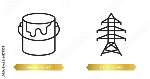 two editable outline icons from construction tools concept. thin line icons such as open paint bucket, electric tower vector.