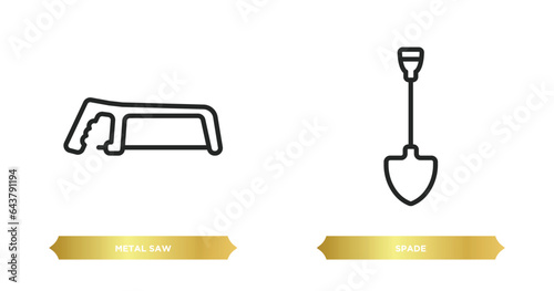 two editable outline icons from construction and tools concept. thin line icons such as metal saw, spade vector.