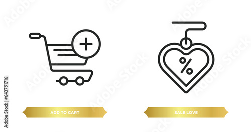 two editable outline icons from commerce concept. thin line icons such as add to cart, sale love vector.