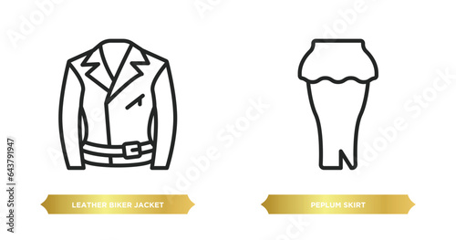 two editable outline icons from clothes concept. thin line icons such as leather biker jacket  peplum skirt vector.