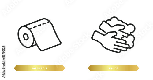two editable outline icons from cleaning concept. thin line icons such as paper roll, hands vector.