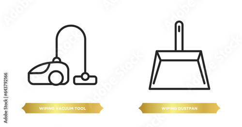 two editable outline icons from cleaning concept. thin line icons such as wiping vacuum tool, wiping dustpan vector.