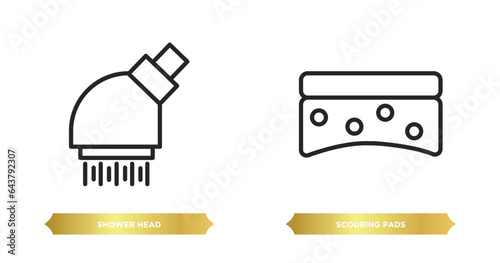 two editable outline icons from cleaning concept. thin line icons such as shower head, scouring pads vector.