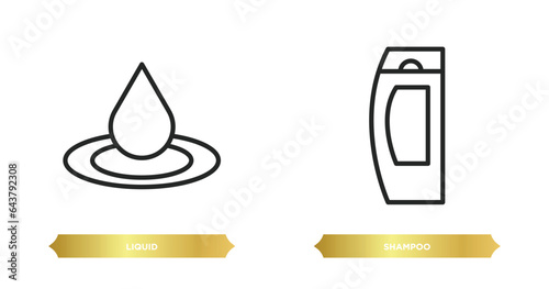 two editable outline icons from cleaning concept. thin line icons such as liquid, shampoo vector.