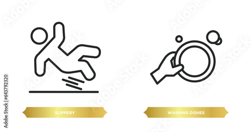 two editable outline icons from cleaning concept. thin line icons such as slippery, washing dishes vector.