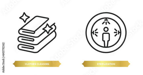 two editable outline icons from cleaning concept. thin line icons such as clothes cleaning, sterilization vector.