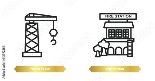 two editable outline icons from city elements concept. thin line icons such as tower crane, fire station vector.