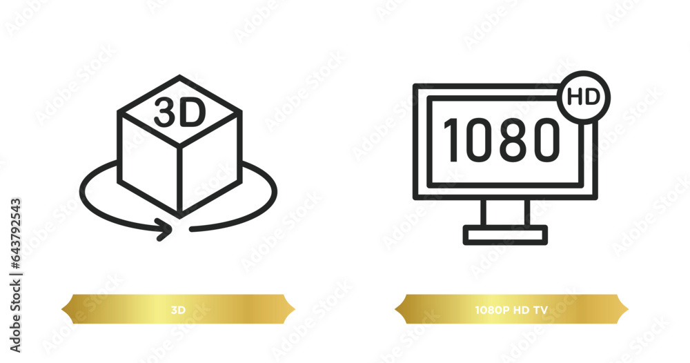 two editable outline icons from cinema concept. thin line icons such as 3d, 1080p hd tv vector. two editable outline icons from cinema concept. thin line icons such as 3d, 1080p hd tv vector.
