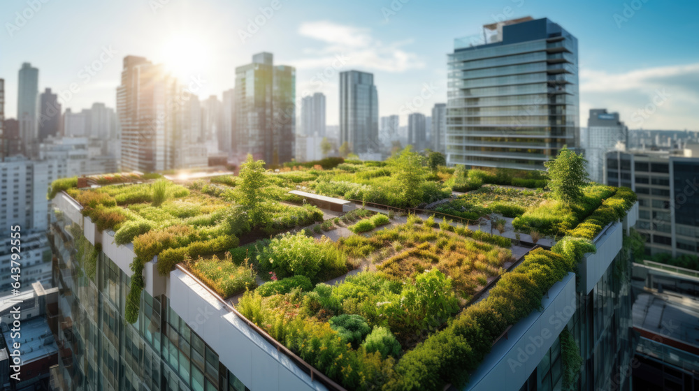 Top view of green roof in sustainable city - obrazy, fototapety, plakaty 