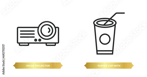 two editable outline icons from cinema concept. thin line icons such as image projector, papper cup with straw vector.