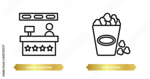 two editable outline icons from cinema concept. thin line icons such as cinema snack bar, popcorn bag vector.