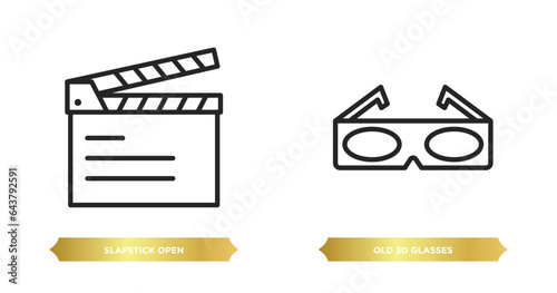 two editable outline icons from cinema concept. thin line icons such as slapstick open, old 3d glasses vector.