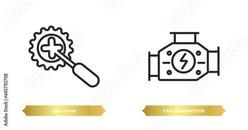 two editable outline icons from car parts concept. thin line icons such as car crank, car carburettor vector.
