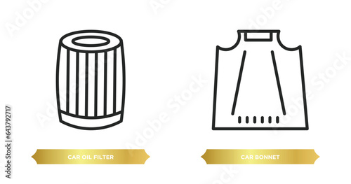 two editable outline icons from car parts concept. thin line icons such as car oil filter, car bonnet vector.