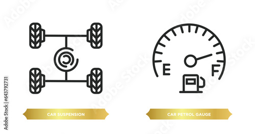 two editable outline icons from car parts concept. thin line icons such as car suspension, car petrol gauge vector.