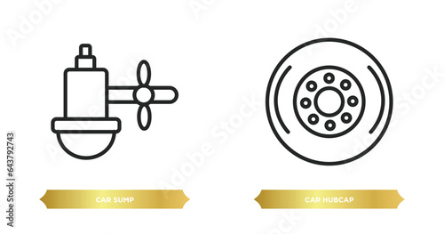 two editable outline icons from car parts concept. thin line icons such as car sump, car hubcap vector.