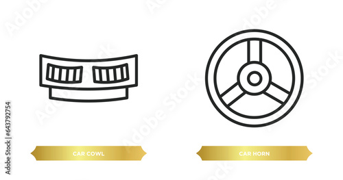two editable outline icons from car parts concept. thin line icons such as car cowl, car horn vector.