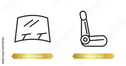 two editable outline icons from car parts concept. thin line icons such as car windscreen, car bucket seat vector.