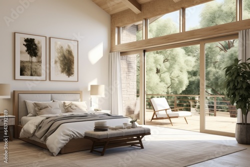 Luxury Farmhouse Modern Primary Bedroom Interior with Sliding Glass Door and Wood Accent Ceiling