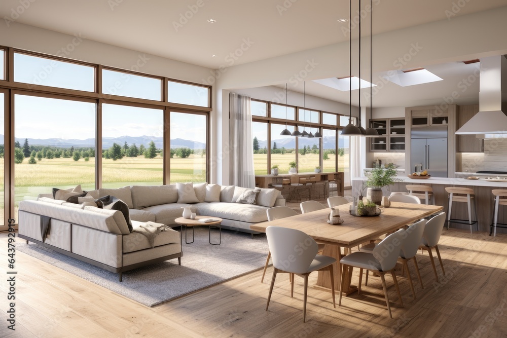 Modern dining area in living room home interior with beautiful meadow field views and open floor layout