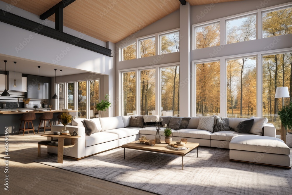 Nature Inspired Modern Living Room Interior with White Linen Couch and Clean Kitchen with Fall Tree Views Through Open Concept Windows