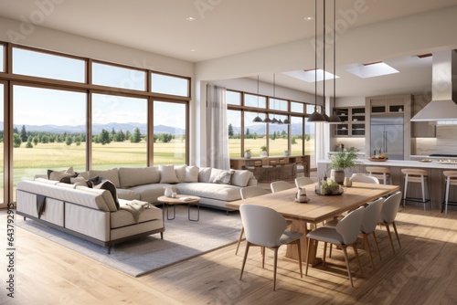 Modern dining area in living room home interior with beautiful meadow field views and open floor layout © Bryan