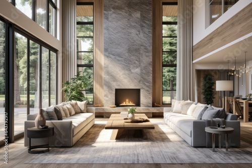 Industrial Modern Living Room Interior with Organic Sofa Fabric and Marble Grey Stone Fireplace with Nature Views