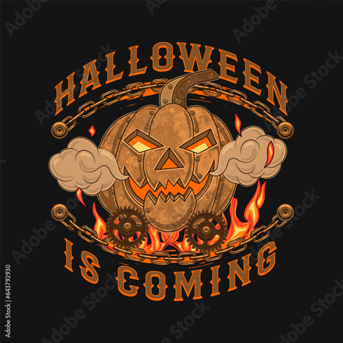 Halloween infernal label in steampunk style with pumpkin head, rusty gears, rough chains, fire. Creative fantasy concept. Colorful illustration in vintage stylen