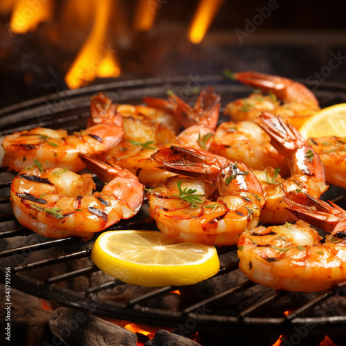 Fondo con detalle y textura de varios langostino a la parrila, con especias y limon