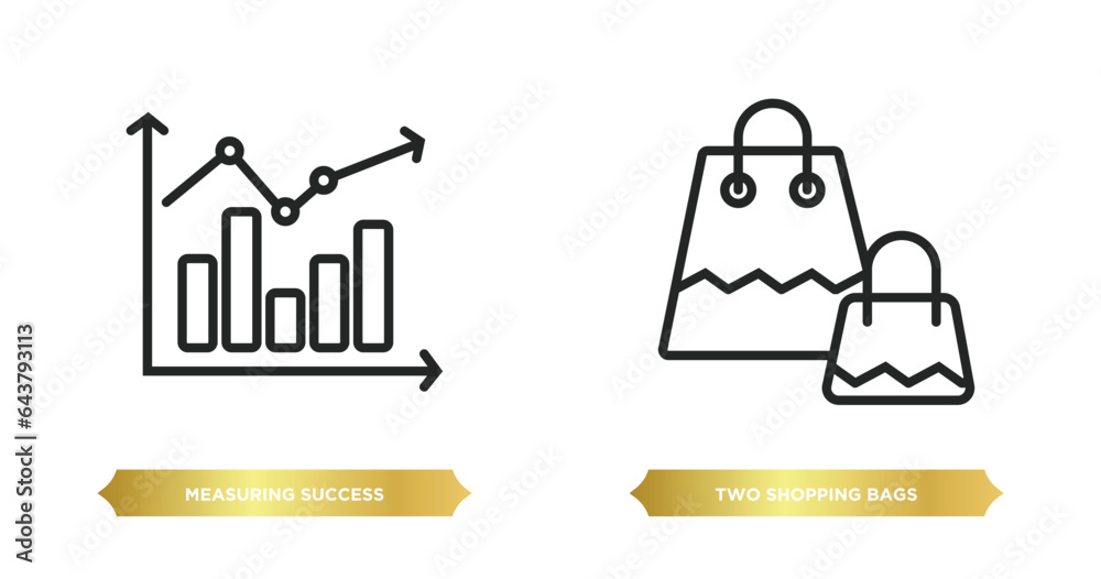 two editable outline icons from business concept. thin line icons such as measuring success, two shopping bags vector. two editable outline icons from business concept. thin line icons such as measuring success, two shopping bags vector.